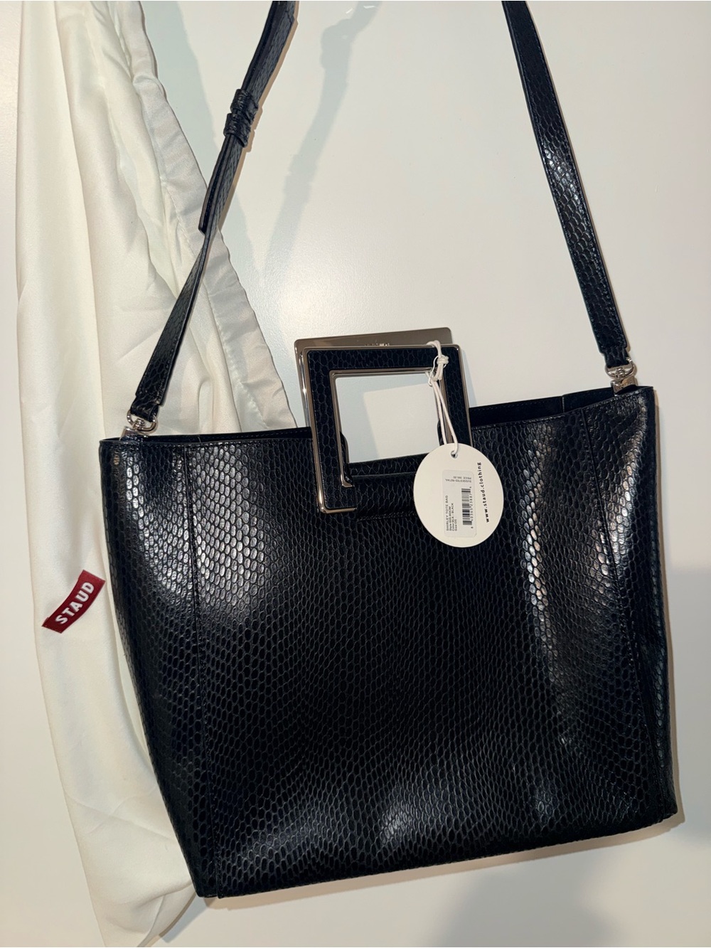 STAUD Black Faux-Snakeskin Square-Handle Shoulder Bag with Strap